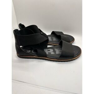 Sorel Ella Flat Black Leather Elastic Strap Sandals Women's 8.5 / EU 39